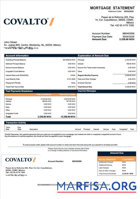 Printable Mexico Banco Covalto mortgage statement Word and PDF template
